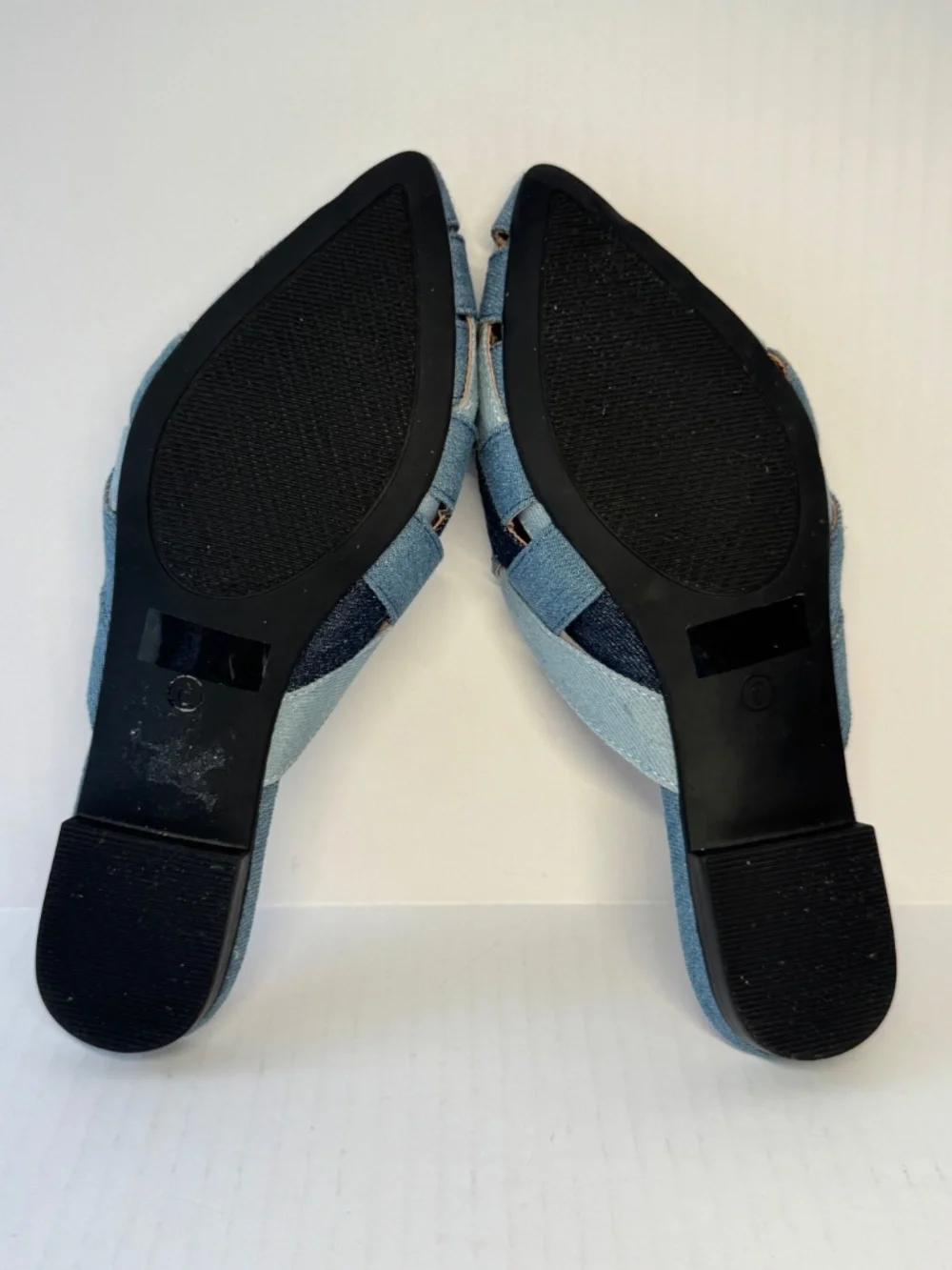 Woven Denim Mule Slides | Pointed Toe Flats | Size 6 | Blue Patchwork